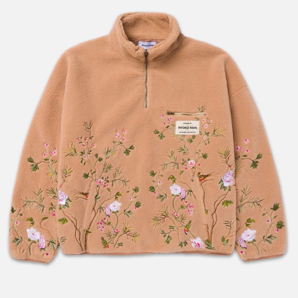 Ryoko Rain Floral Embroidered Tan Fleece